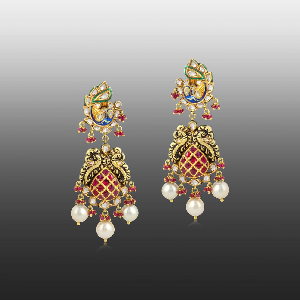 Peacock Stud Earrings with Polki, Ruby Talafs, and Pearls